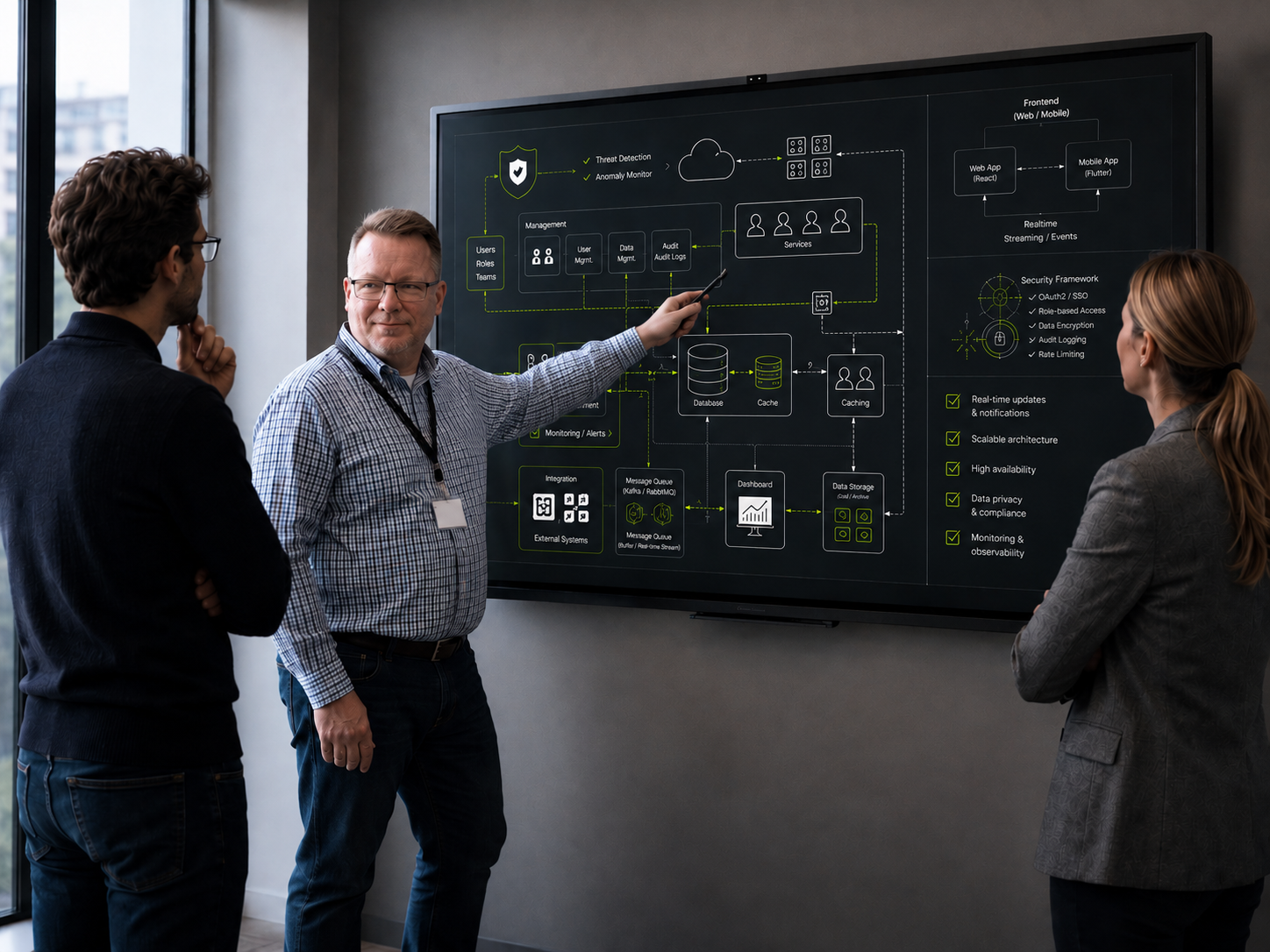 IT-Workshop mit drei Personen vor einem großen Monitor mit Architektur-, Rollen- und Datenflussplanung