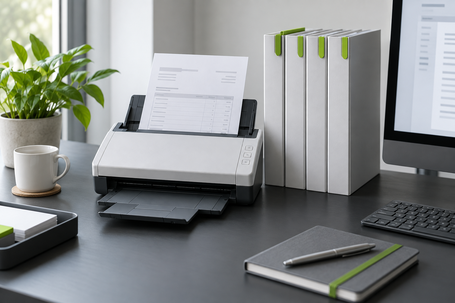 Symbolbild: Dokumentenscanner und geordnete Unterlagen