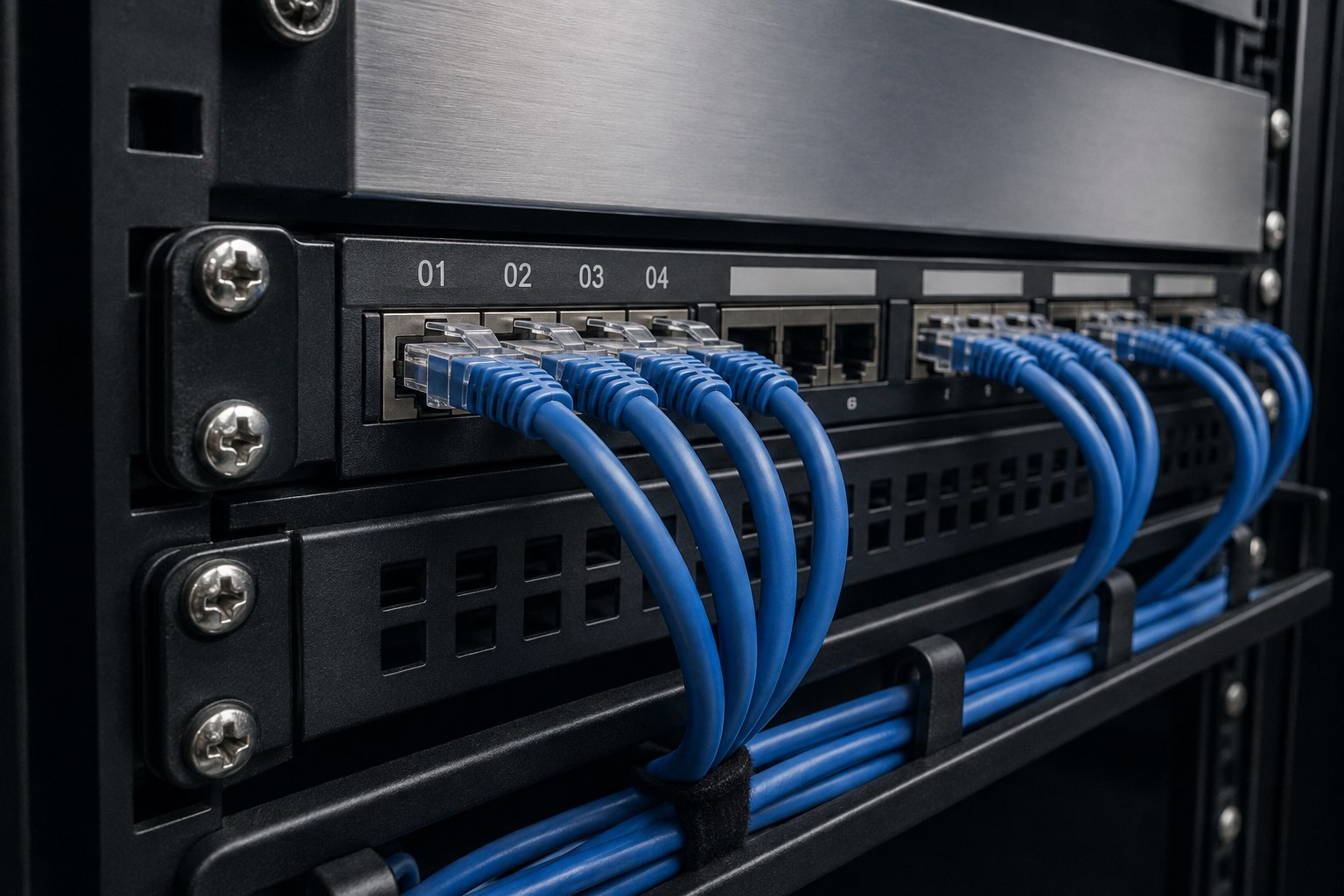 Netzwerk-Patchpanel mit nummerierten Anschlüssen und geordneten Netzwerkkabeln