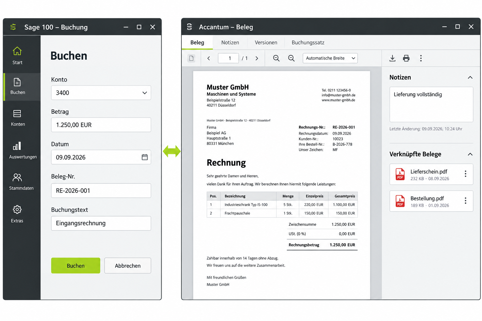 Schematische Anwendungsansicht: links die Buchung in Sage 100, rechts Rechnung, Notizen und verknüpfte Belege in Accantum