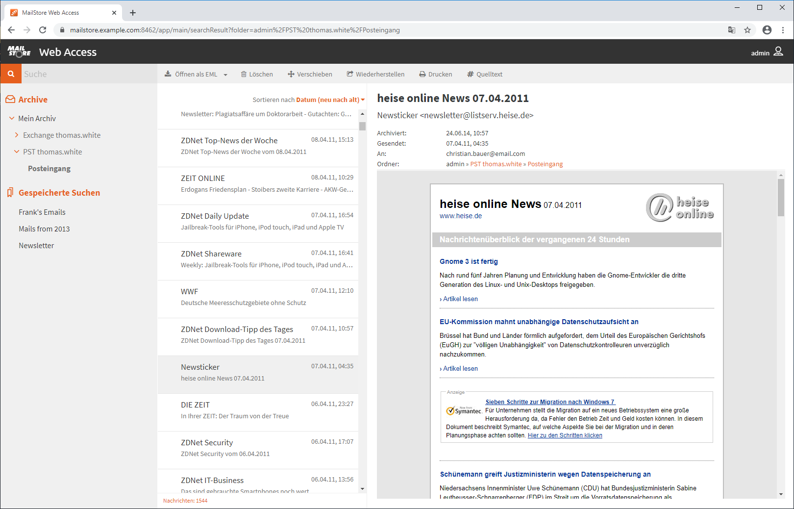 MailStore Web Access mit Ordnerstruktur, E-Mail-Liste und Nachrichtenvorschau